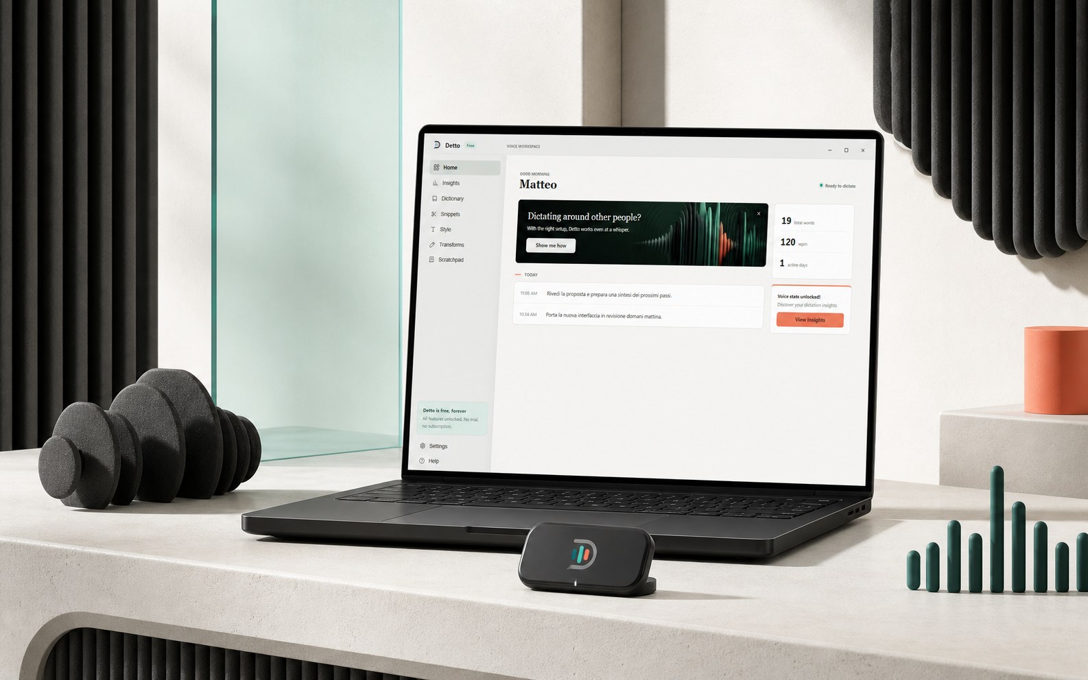 Dashboard Windows di Detto con stato voce, cronologia dettatura e strumenti per le task